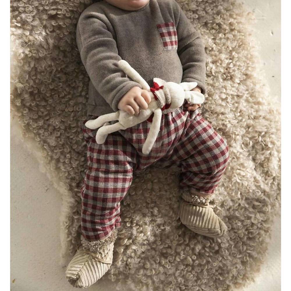 NEW PETIT INDI kid's taupe fleece & plaid romper in grey